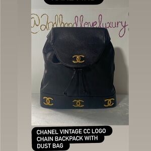 CHANEL Black Leather CC Logo Backpack with Gold Hardware Accents